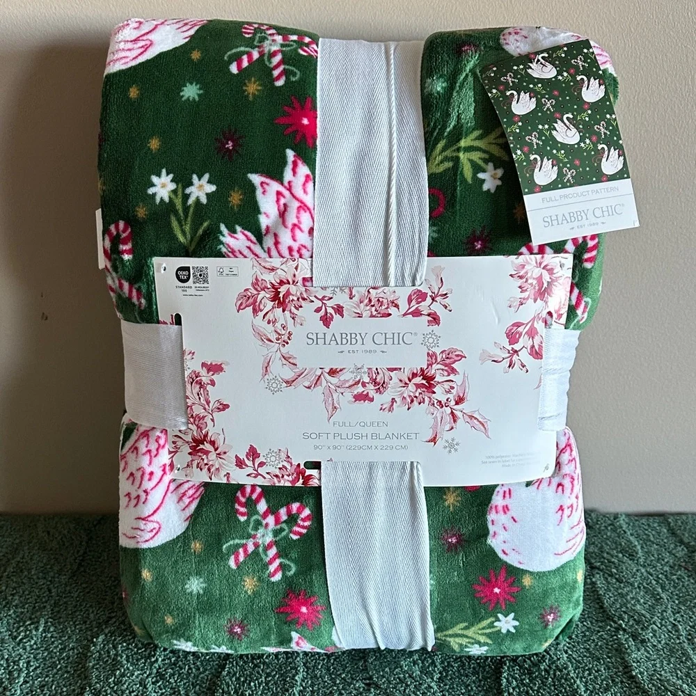 Shabby Chic Holiday Christmas Blanket Swan 🦢 Candy Cane Queen NEW!